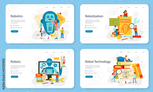 Robotics school subject web banner or landing page set. Robot engineering © inspiring.team