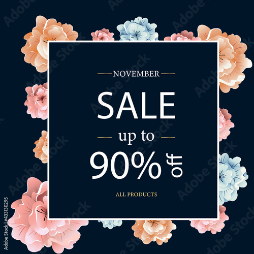 November sale. Seasonal sale. Presents. Roses. Purchases. Holiday. Vector. Illustration. Discounts up to 90% percent. Blue background. Banner. Card. Invitation