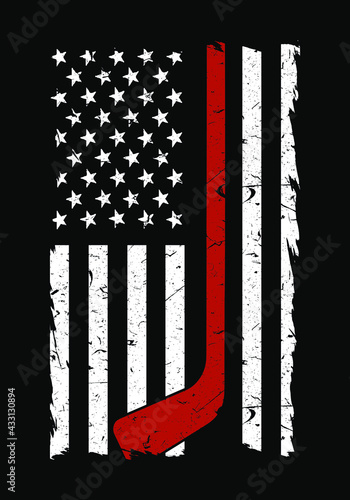 American hockey flag. Black and white USA flag and red hockey vector. Design element for poster, t-shirt print, card, advertising