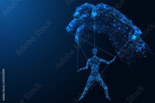 A hand with a puppet on strings. Manipulation and control of the action. Polygonal construction of lines and points. Blue background.