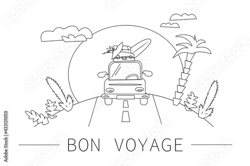 TRAVEL line art illustration. Bon voyage 