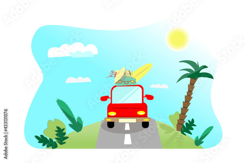TRAVEL concept illustration. Red car summer journey 