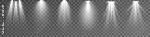 Set of Spotlight isolated on transparent background. Vector glowing light effect with white rays and beams. PNG. Vector illustration
