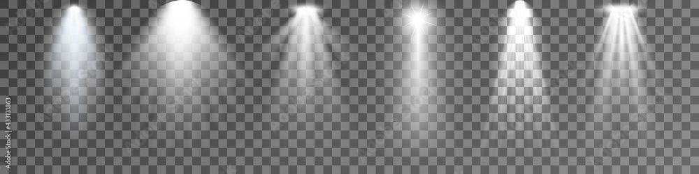 Set of Spotlight isolated on transparent background. Vector glowing light effect with white rays and beams. PNG. Vector illustration