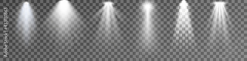 Set of Spotlight isolated on transparent background. Vector glowing light effect with white rays and beams. PNG. Vector illustration