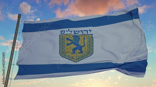 Flag of Jerusalem waving in wind. Realistic flag background photo