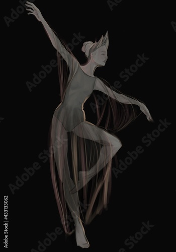 Ballerina illustration on black background. Posing. Monochrome image