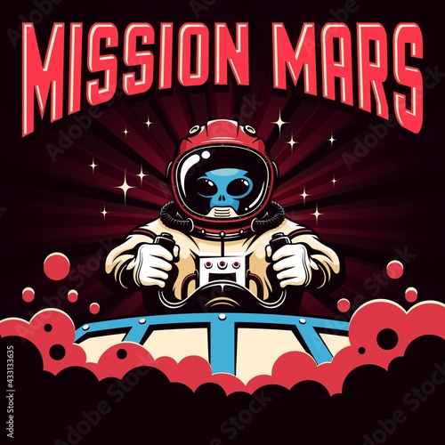 Mission Mars retro poster with alien pilot