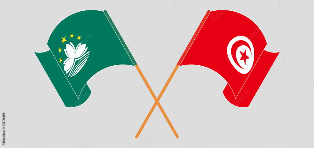 Crossed and waving flags of Macau and Tunisia Crossed and waving flags of Macau and Tunisia