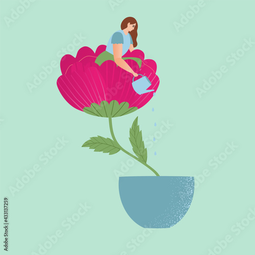 A girl sits in a flower and pours water on it, a symbol of self-care, self-support, mental health. Concept of love yourself and a healthy lifestyle, mental health, relaxation