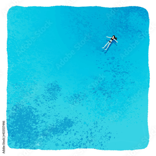 Digital drawing of a girl in a swimsuit floating on her back in a blue transparent sea bliss relaxation