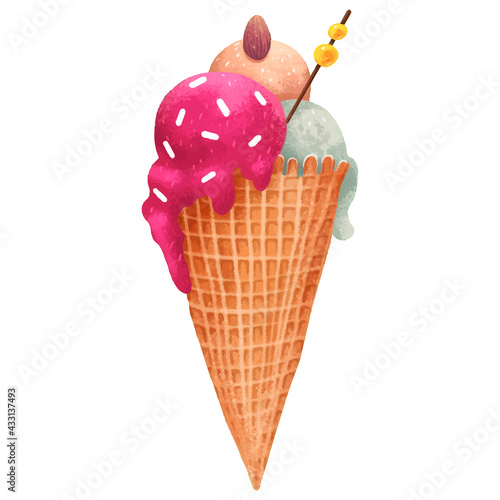 Digital drawing sweet ice cream with three balls a nut and a toothpick with yellow balls