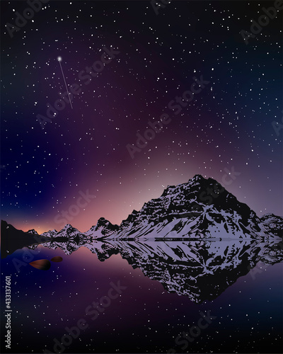 Mountain lake at night. Landscape with mountains and starry sky reflect in water. Vector illustration.