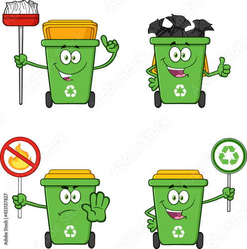 Recycling Bins Cartoon Characters. Vector Collection Set Isolated On White Background
