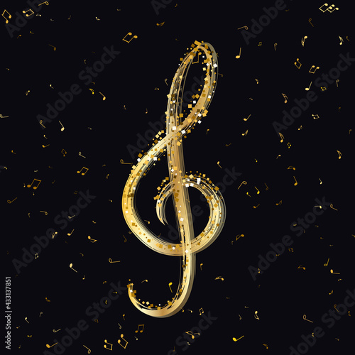  Luxury Gold Treble Clef of the stellar against on flying random golden notes. Beautiful musical notation symphony for banner of festival, print design, melody recording, design back layers. Vector