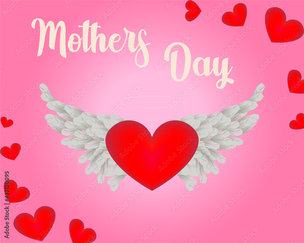 Mother's day greeting card with pink hearts background and ribbon