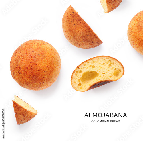 Creative layout made of almojabana on the white background. Flat lay. Food concept.  photo