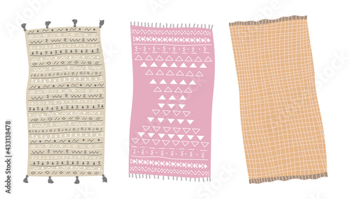 Hand drawn oriental carpet top view. Rug with ornaments as wall decor. Set of flat vector illustration.