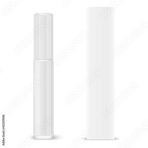 Vector 3d Realistic Closed White Lip Gloss, Lipstick Package, Carton Packing Set Isolated on White. Glass Container, Tube, Lid, Brush. Plastic Transparent Bottle Design Template, Mockup. Front View