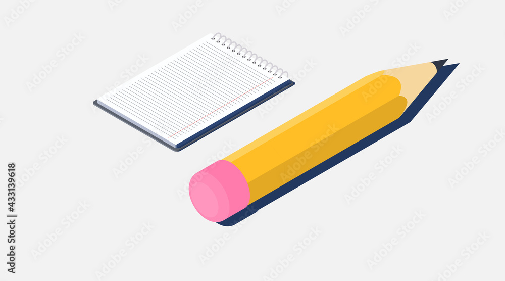 Isometric vector illustration. Spiral notepad and yellow pencil. A sheet of paper in a line. Isometric vector illustration. Spiral notepad and yellow pencil. A sheet of paper in a line.