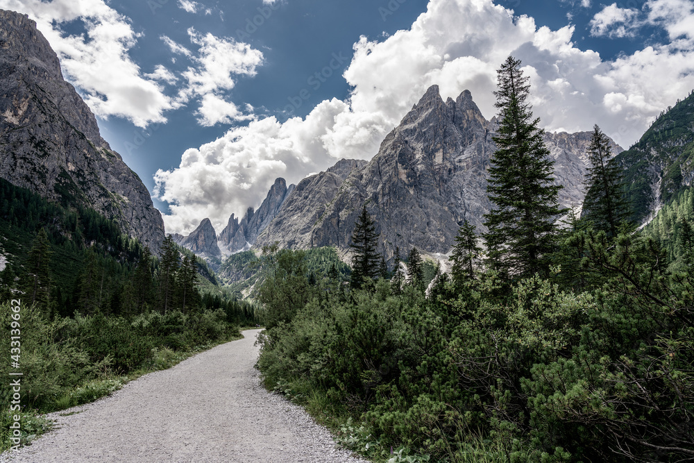 Hiking trail in the mountains of the Sexten Dolomites in Italy.