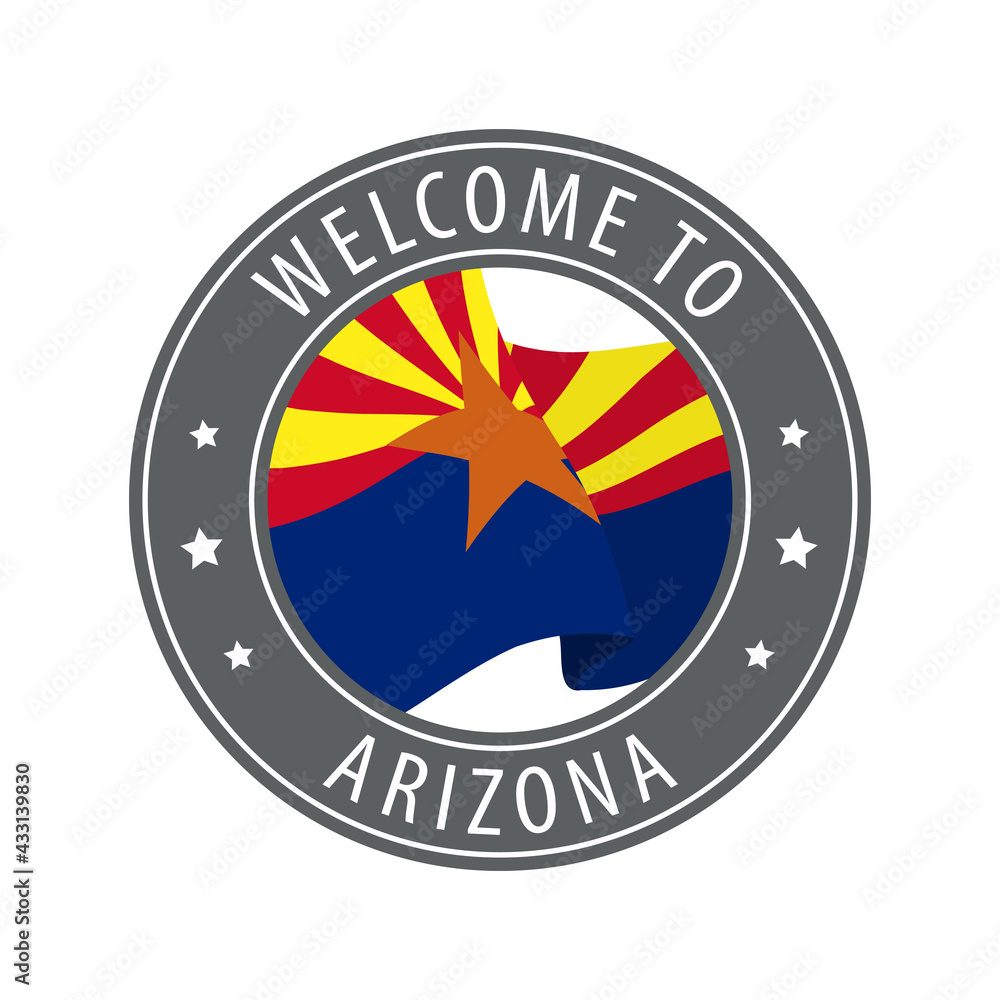 Welcome to Arizona. Gray stamp with a waving state flag. Welcome to Arizona. Gray stamp with a waving state flag.