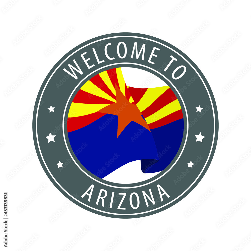 Welcome to Arizona. Gray stamp with a waving state flag. Welcome to Arizona. Gray stamp with a waving state flag.