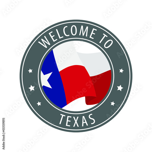 Welcome to Texas. Gray stamp with a waving state flag.
