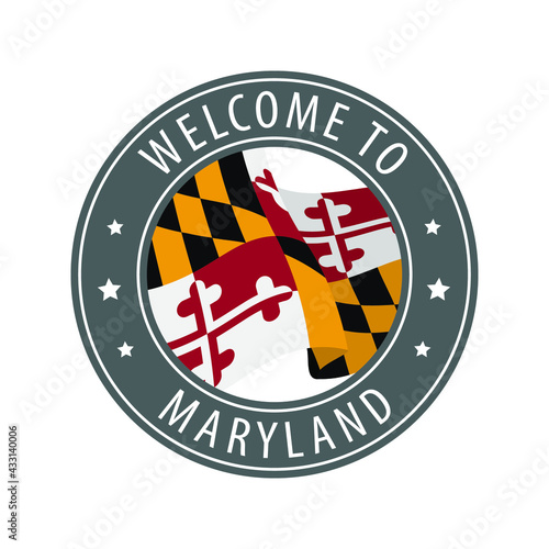Welcome to Maryland. Gray stamp with a waving state flag.