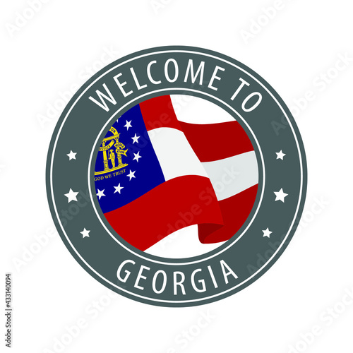 Welcome to Georgia. Gray stamp with a waving state flag.