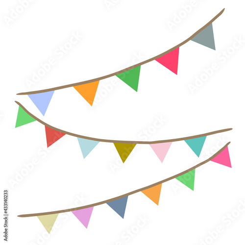 Carnival garland with flags. Decorative Scandinavian colorful flags for birthday celebration, festival and bright decoration. Festive background with hanging flags hand drawn. Vector illustration.