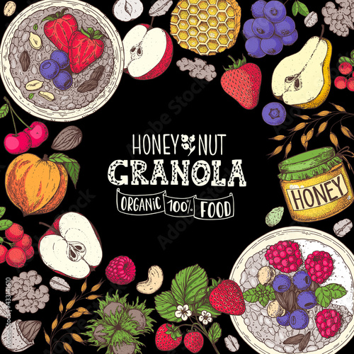 Granola illustration. Oat flakes , berries, fruits and nuts. Breakfast top view frame. Morning food menu design. Hand drawn vector illustration.