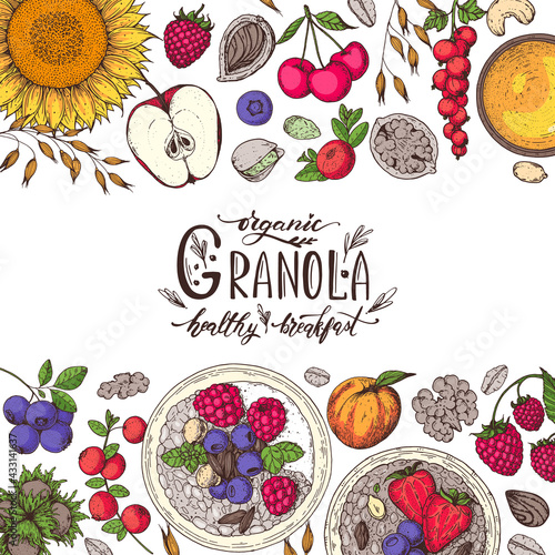 Granola illustration. Oat flakes , berries, fruits and nuts. Breakfast top view frame. Morning food menu design. Hand drawn vector illustration.