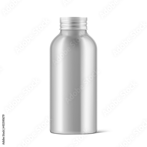 Hight realistic aluminum bottle mockup isolated on white background. Can be used for cosmetic, medical. Vector illustration. EPS10.