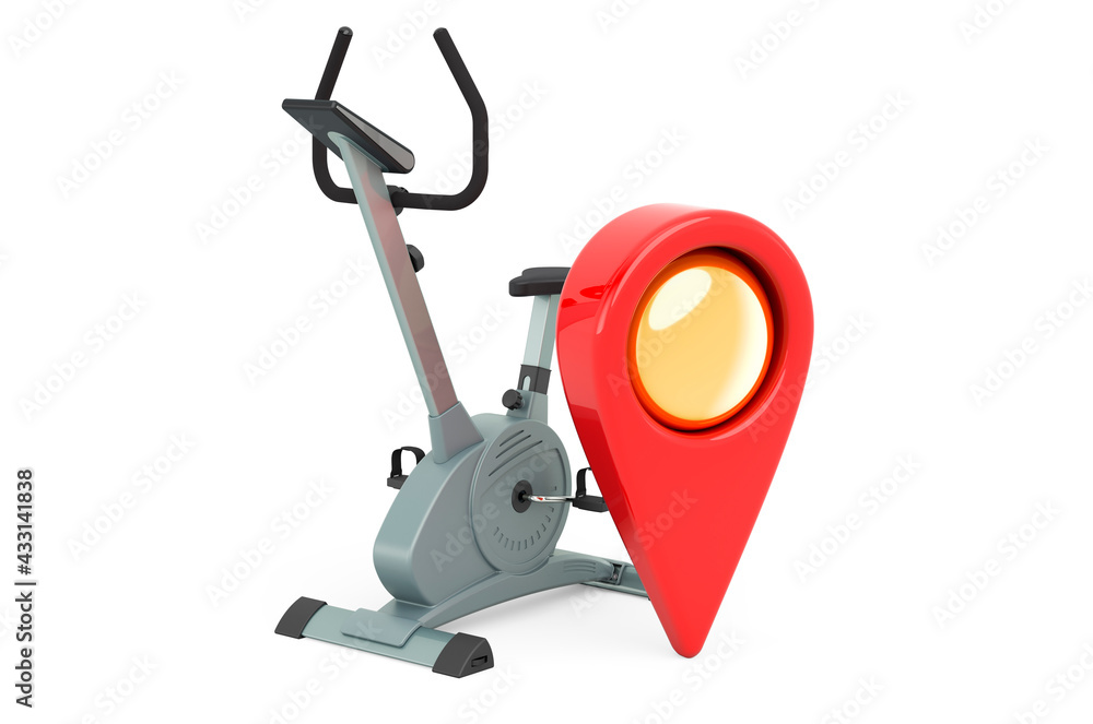 Map pointer with exercise bike, 3D rendering Map pointer with exercise bike, 3D rendering