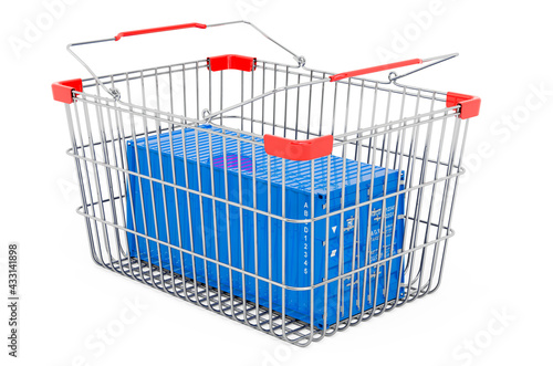 Shopping basket with cargo container, 3D rendering
