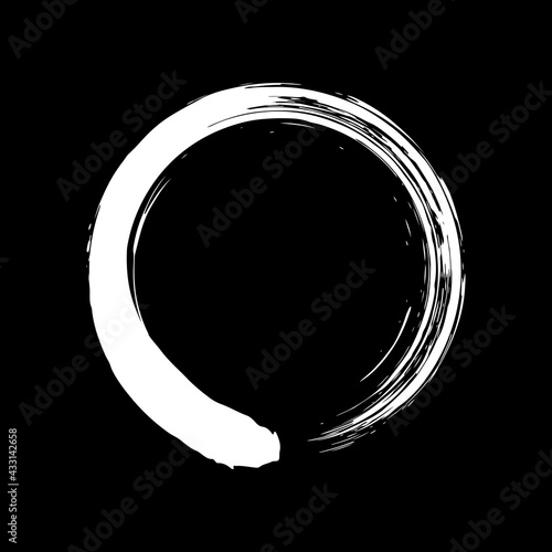 White grunge Zen ring shape. White Enso Zen symbol. Circular label, logo, text frame, banner, badge. Grunge design element. Isolated. Distress texture. Ink brush strokes