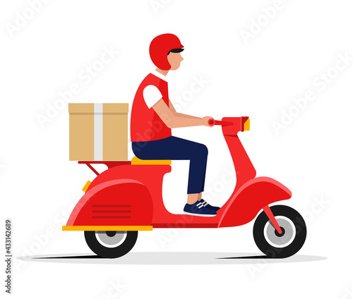 Express delivery. Male courier riding red retro scooter with delivery paper box. Isolated on white background. Flat style vector illustration. Delivery service  online order or food delivery. 