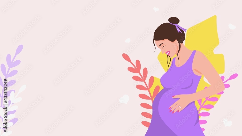 Pregnant happy woman poster. Beautiful banner girl in purple dress and stylish hairstyle smiling holds her belly. Loving anticipation of long awaited vector baby. Pregnant happy woman poster. Beautiful banner girl in purple dress and stylish hairstyle smiling holds her belly. Loving anticipation of long awaited vector baby.