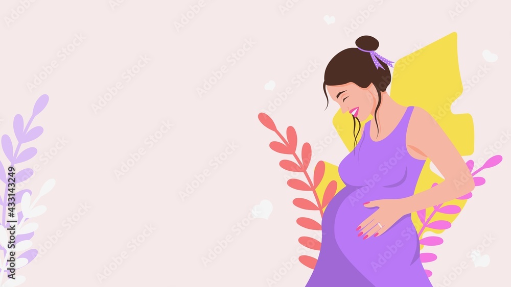 Pregnant happy woman poster. Beautiful banner girl in purple dress and stylish hairstyle smiling holds her belly. Loving anticipation of long awaited vector baby.