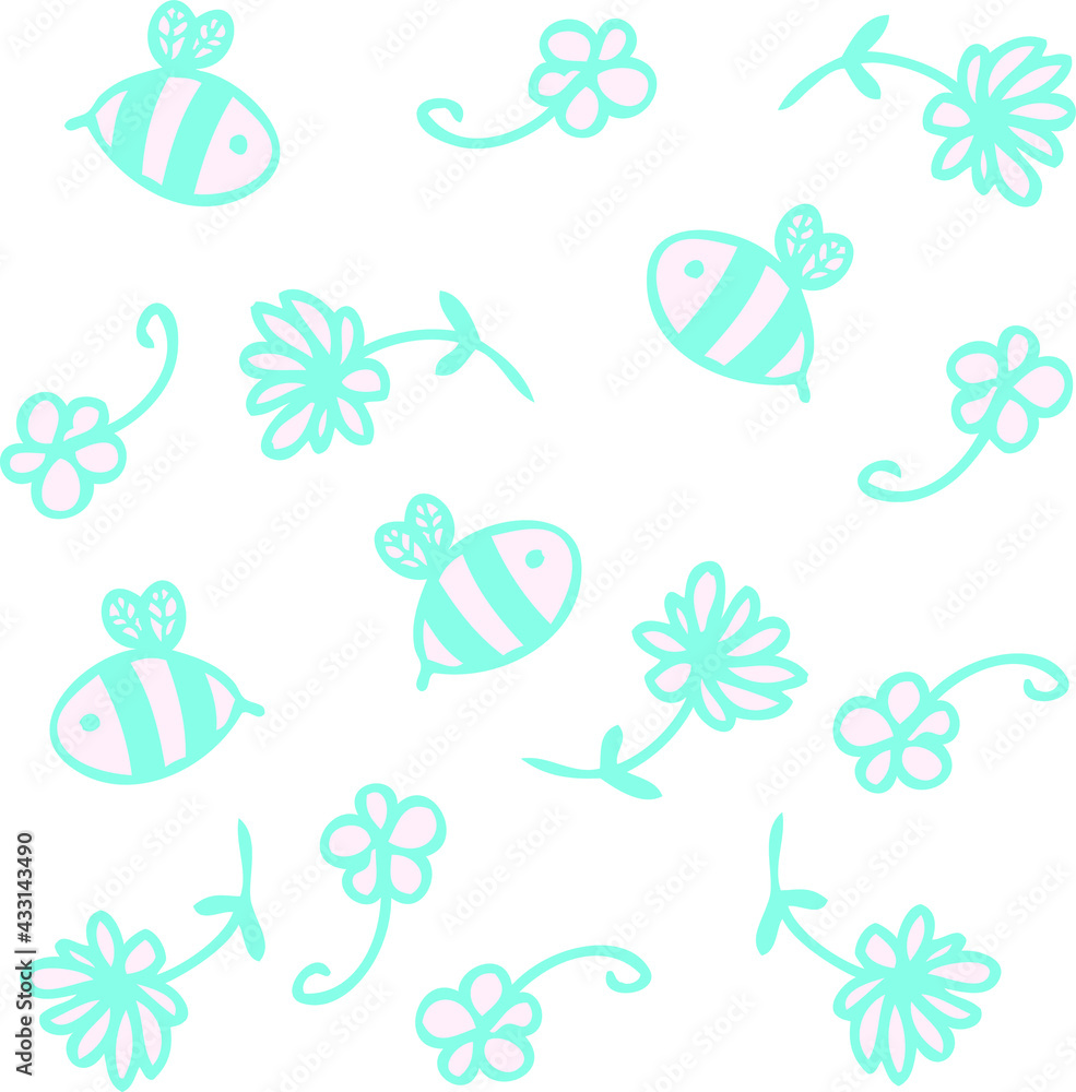 Vector pattern of cute bees and flowers in blue tones. Cartoon style. Hand drawn vector illustration. Design for T-shirt, textile and prints.
