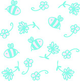 Vector pattern of cute bees and flowers in blue tones. Cartoon style. Hand drawn vector illustration. Design for T-shirt, textile and prints.
