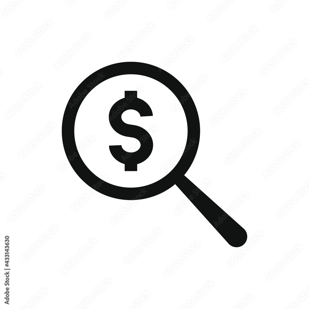 Dollar sign with magnifying glass. Looking for money icon concept isolated on white background. Vector illustration Dollar sign with magnifying glass. Looking for money icon concept isolated on white background. Vector illustration