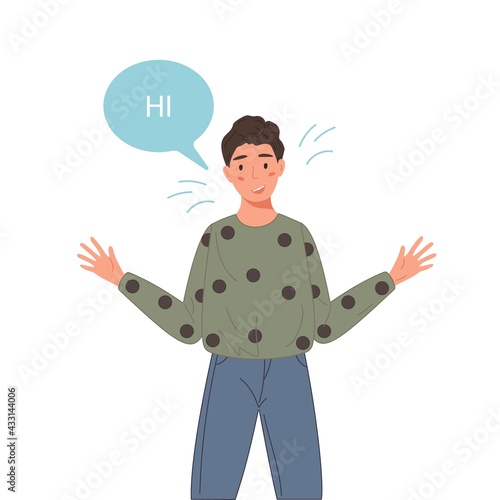 Happy character man say hi in cartoon style. Portrait of boy waving with hands and saying hello