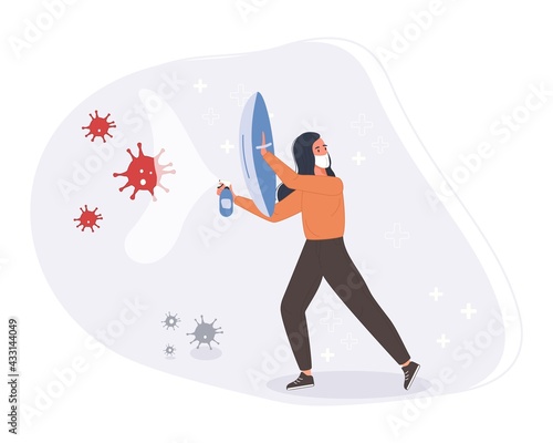 Fight and protect Coronavirus concept. Medical staff fight protective shield with pandemic. Vector illustration