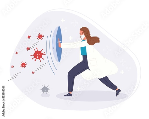 Fight and protect Coronavirus concept. Medical staff fight protective shield with pandemic. Vector illustration