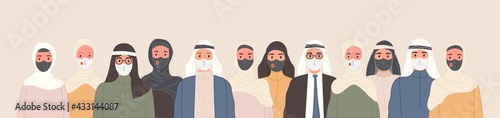 Group of Arab people in traditional Islamic clothing wearing medical masks. Muslim men and women in protected medical mask stay in line. Vector illustration