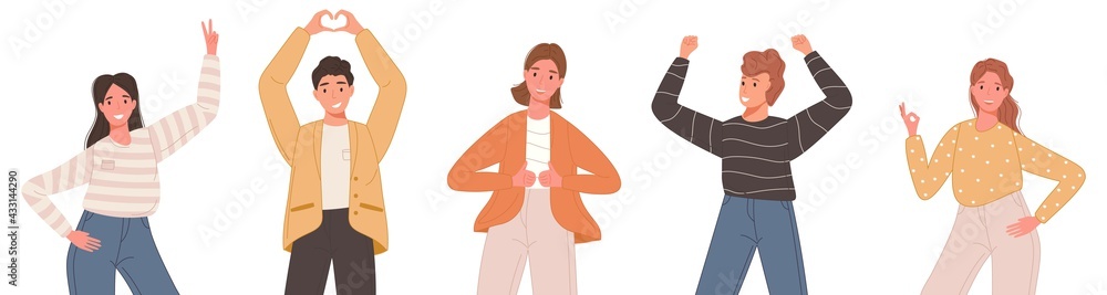 Set of happy smile people in casual clothes showing different poses isolated on white background. Vector illustration positive character emotions with gesture Set of happy smile people in casual clothes showing different poses isolated on white background. Vector illustration positive character emotions with gesture