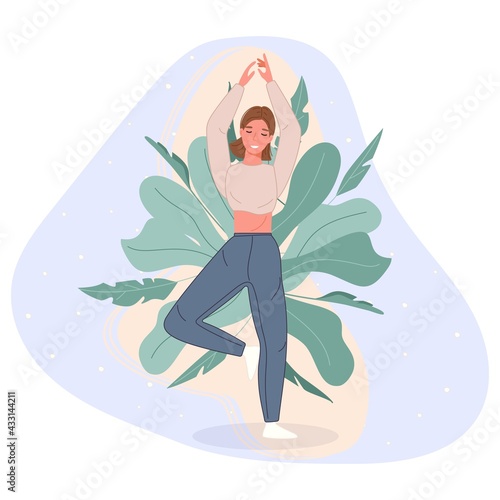 Happy women stand on floor and meditating in yoga pose. Meditation practice concept in cartoon style. Vector illustration