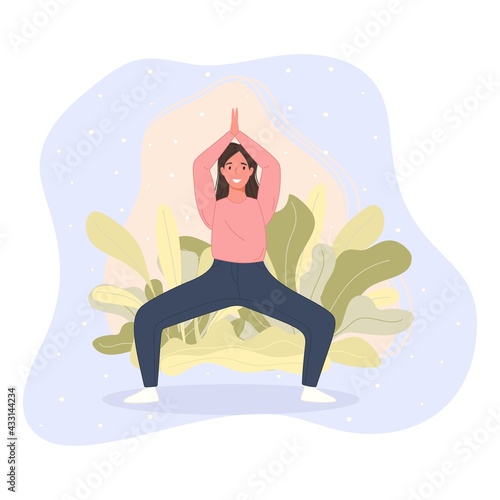 Happy women stand on floor and meditating in yoga pose. Meditation practice concept in cartoon style. Vector illustration